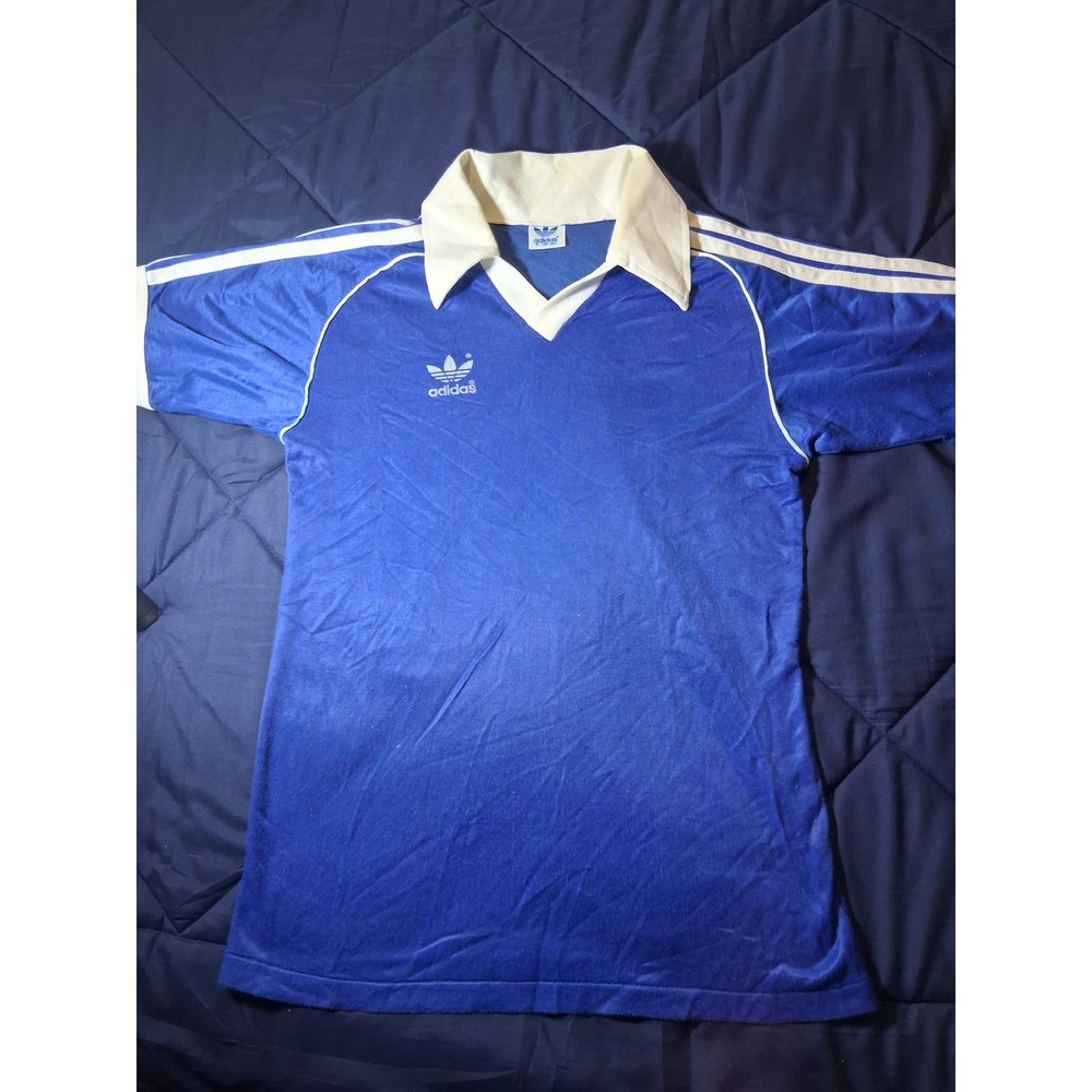 Vintage Adidas Trefoil Soccer Jersey Blue White Stripe V-Neck Polo Mens Medium